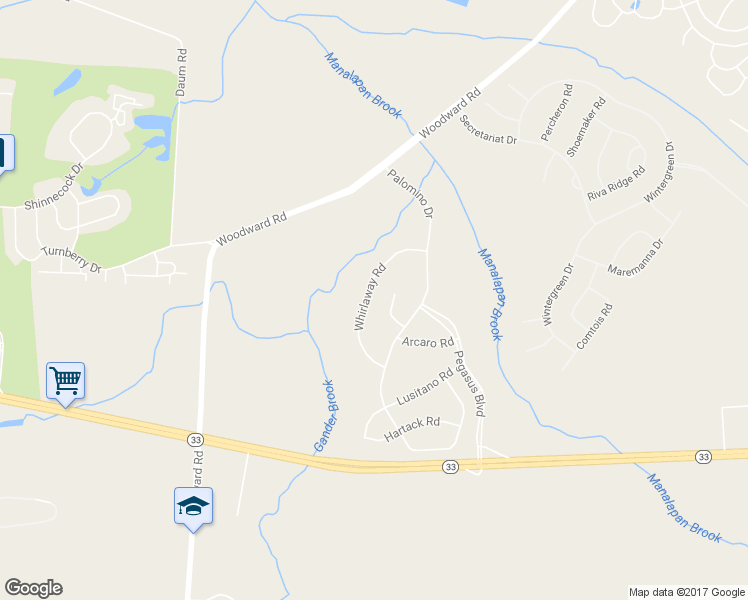 map of restaurants, bars, coffee shops, grocery stores, and more near 30 Whirlaway Road in Manalapan Township