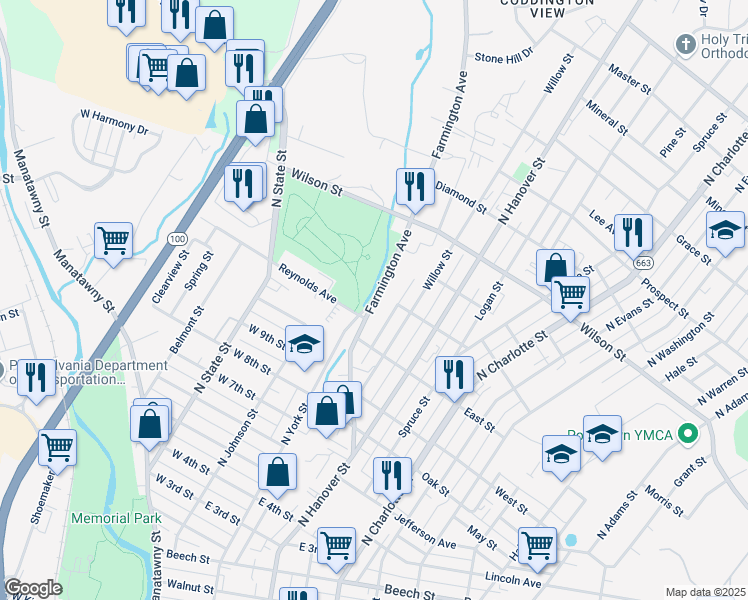map of restaurants, bars, coffee shops, grocery stores, and more near 701 Farmington Ave in Pottstown
