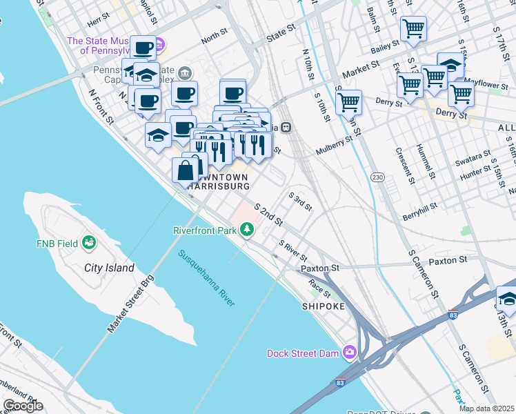 map of restaurants, bars, coffee shops, grocery stores, and more near 153 South 2nd Street in Harrisburg