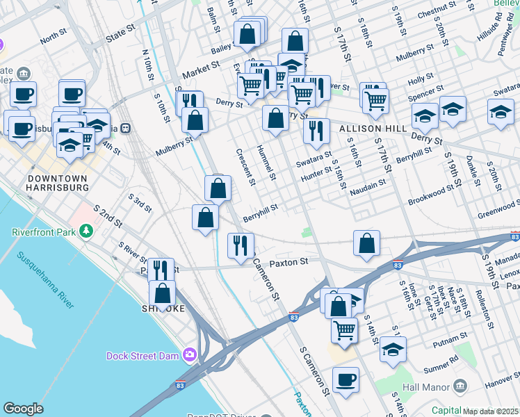 map of restaurants, bars, coffee shops, grocery stores, and more near 460 Crescent Street in Harrisburg