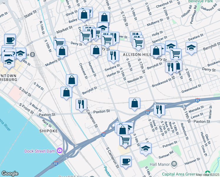 map of restaurants, bars, coffee shops, grocery stores, and more near 515 S 13th St in Harrisburg