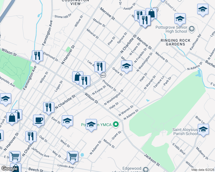 map of restaurants, bars, coffee shops, grocery stores, and more near 880 North Evans Street in Pottstown