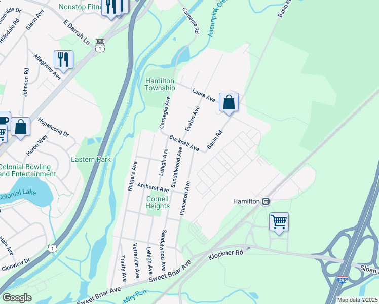 map of restaurants, bars, coffee shops, grocery stores, and more near 15 Princeton Avenue in Hamilton Township