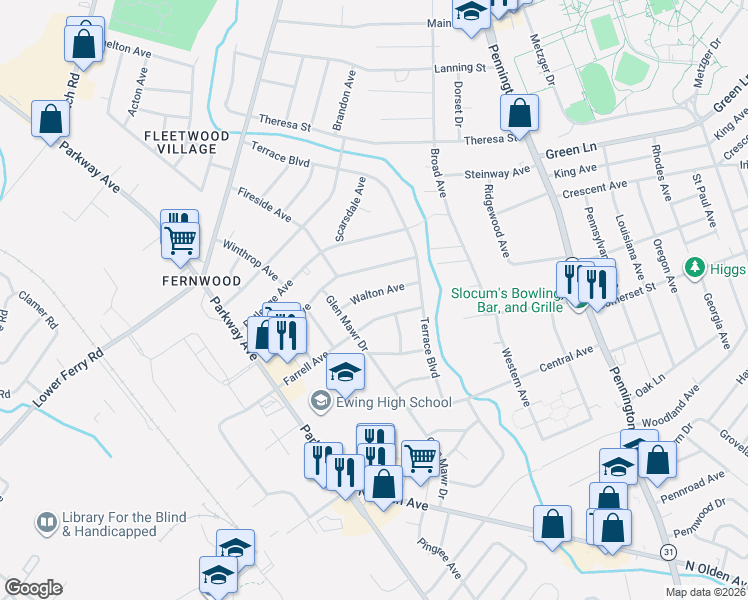 map of restaurants, bars, coffee shops, grocery stores, and more near 12 Walton Avenue in Ewing Township