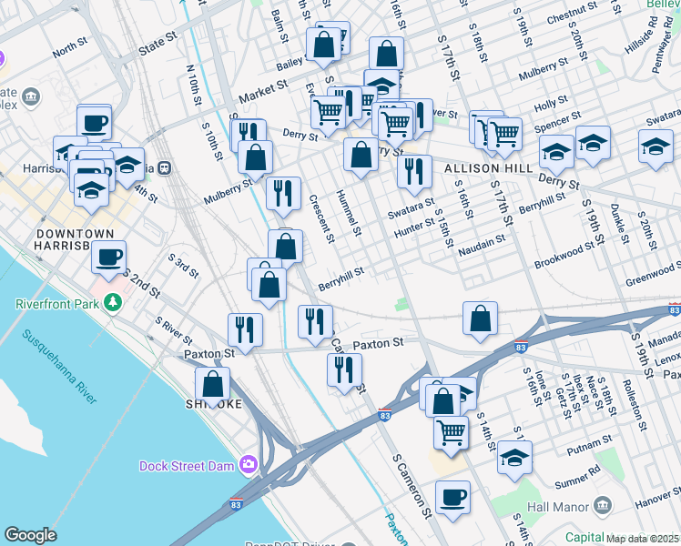 map of restaurants, bars, coffee shops, grocery stores, and more near 460 Crescent Street in Harrisburg