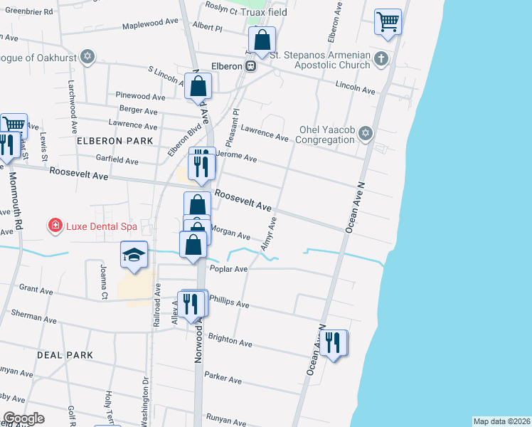 map of restaurants, bars, coffee shops, grocery stores, and more near 88 Roosevelt Avenue in Deal