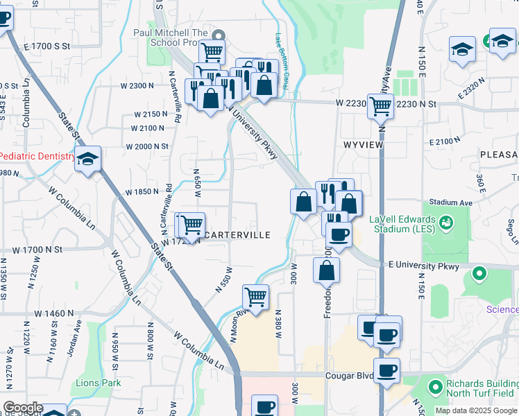 map of restaurants, bars, coffee shops, grocery stores, and more near 1772 North 450 West in Provo