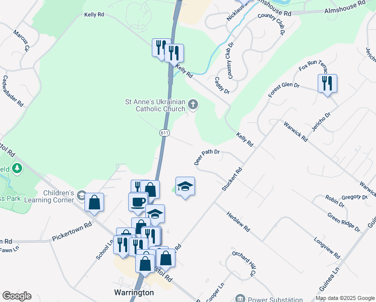 map of restaurants, bars, coffee shops, grocery stores, and more near 1507 Easton Road in Warrington