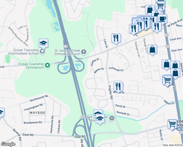 map of restaurants, bars, coffee shops, grocery stores, and more near 93 Gimbel Place in Monmouth County