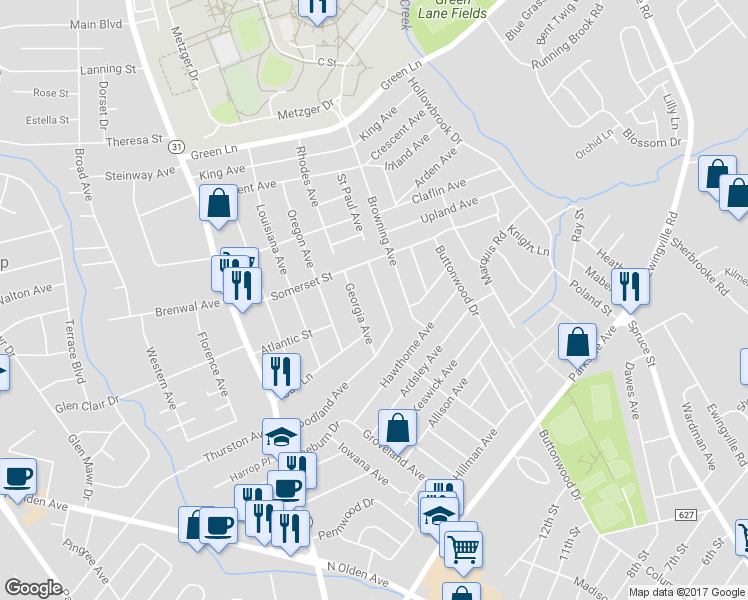 map of restaurants, bars, coffee shops, grocery stores, and more near 180 Woodland Avenue in Ewing Township