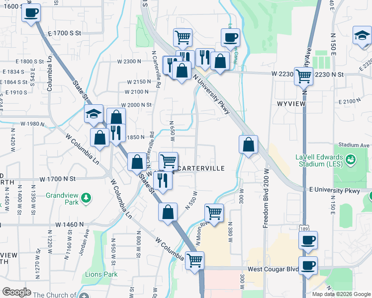 map of restaurants, bars, coffee shops, grocery stores, and more near 567 West 1800 North in Provo