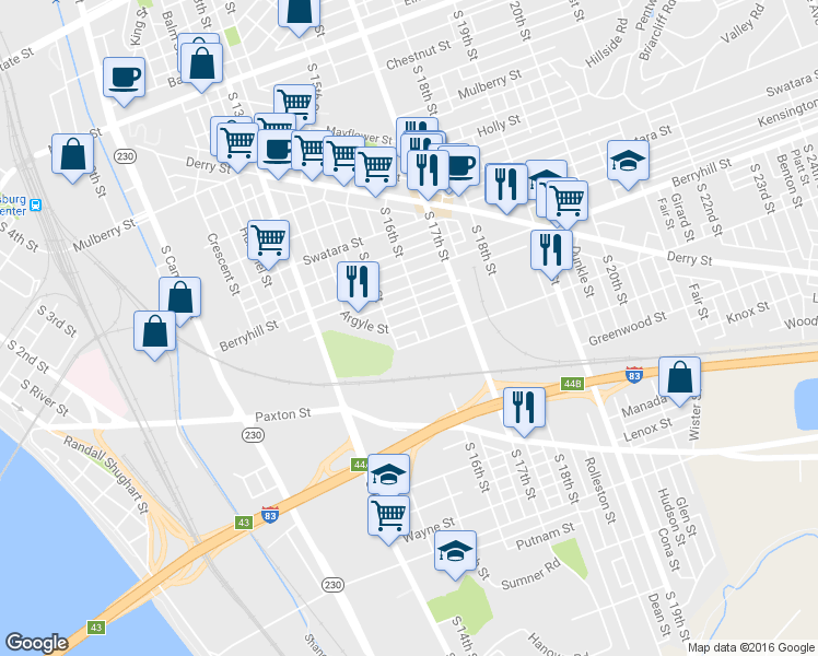 map of restaurants, bars, coffee shops, grocery stores, and more near 1519 Catherine Street in Harrisburg