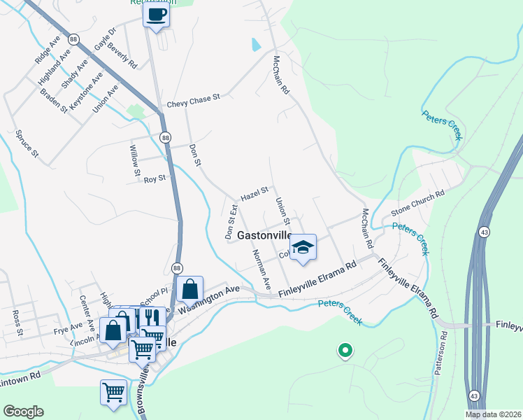 map of restaurants, bars, coffee shops, grocery stores, and more near 5038 Norman Avenue in Finleyville