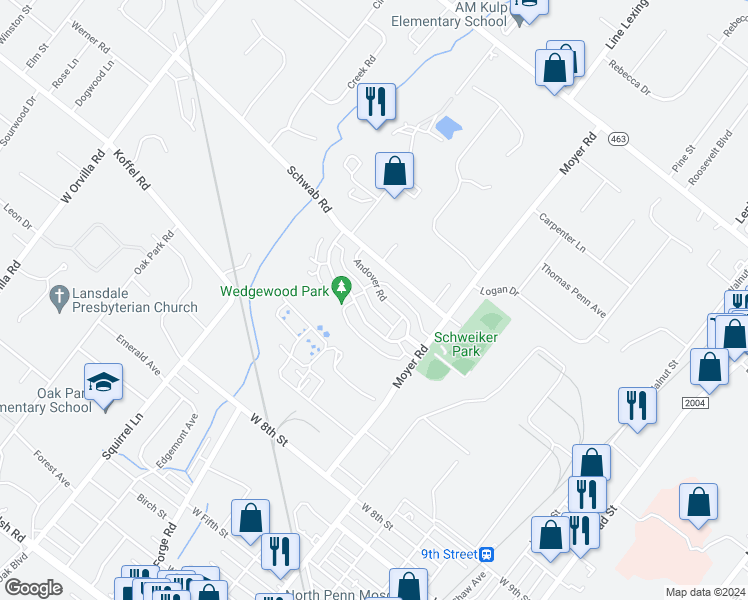 map of restaurants, bars, coffee shops, grocery stores, and more near 882 Andover Road in Lansdale