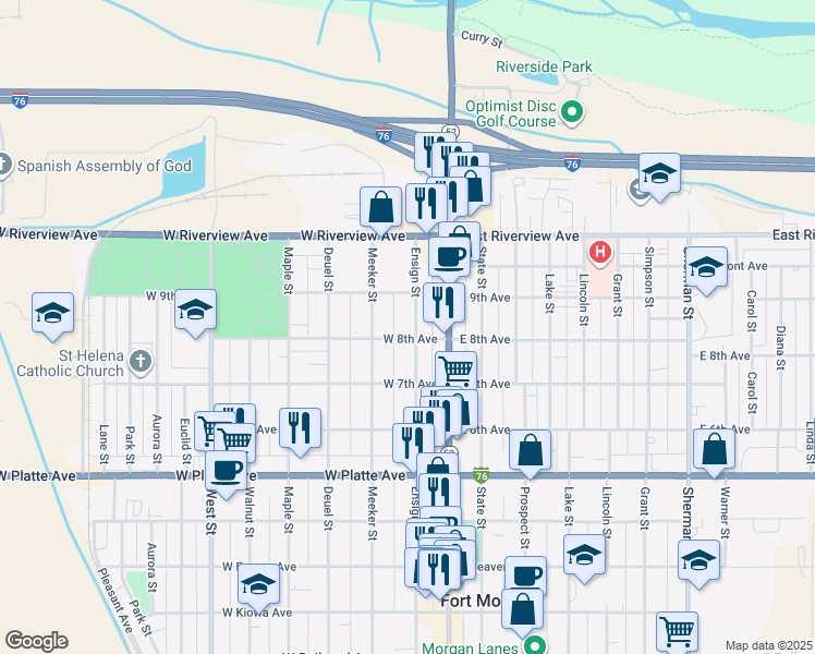 map of restaurants, bars, coffee shops, grocery stores, and more near 907 Ensign Street in Fort Morgan