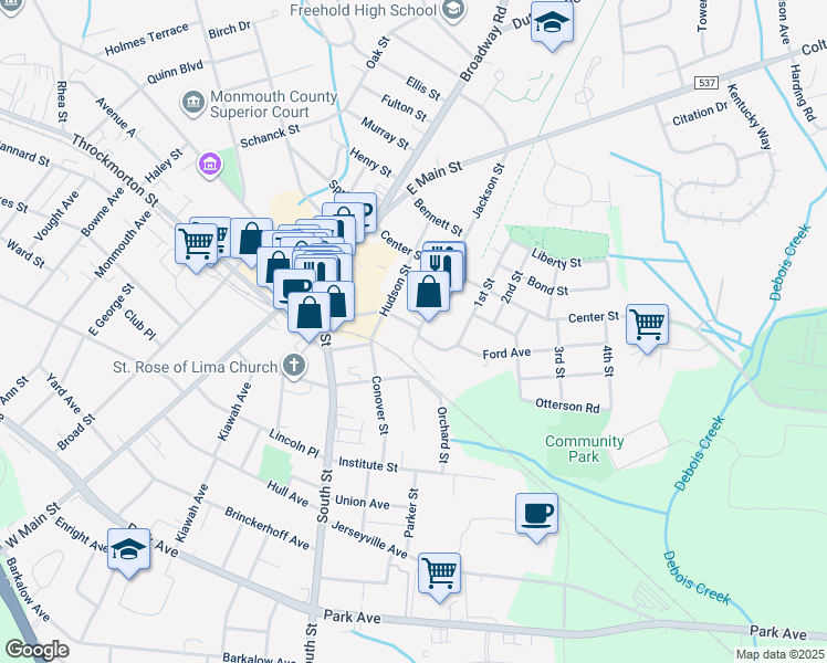 map of restaurants, bars, coffee shops, grocery stores, and more near 68 Mechanic Street in Freehold