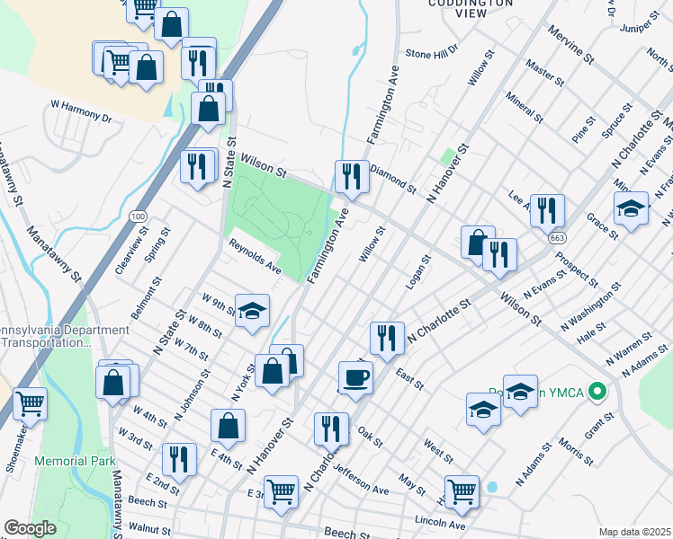 map of restaurants, bars, coffee shops, grocery stores, and more near 700 Farmington Avenue in Pottstown