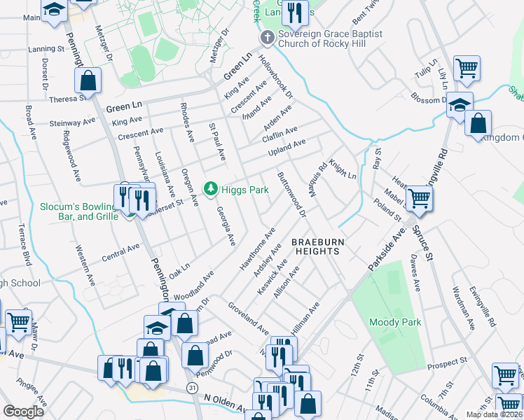 map of restaurants, bars, coffee shops, grocery stores, and more near 39 Browning Avenue in Ewing Township