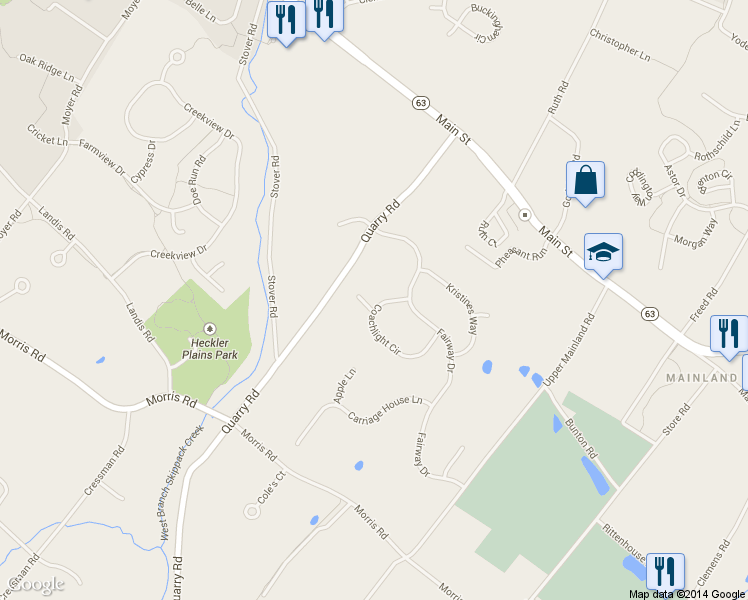 map of restaurants, bars, coffee shops, grocery stores, and more near 482 Coachlight Circle in Harleysville