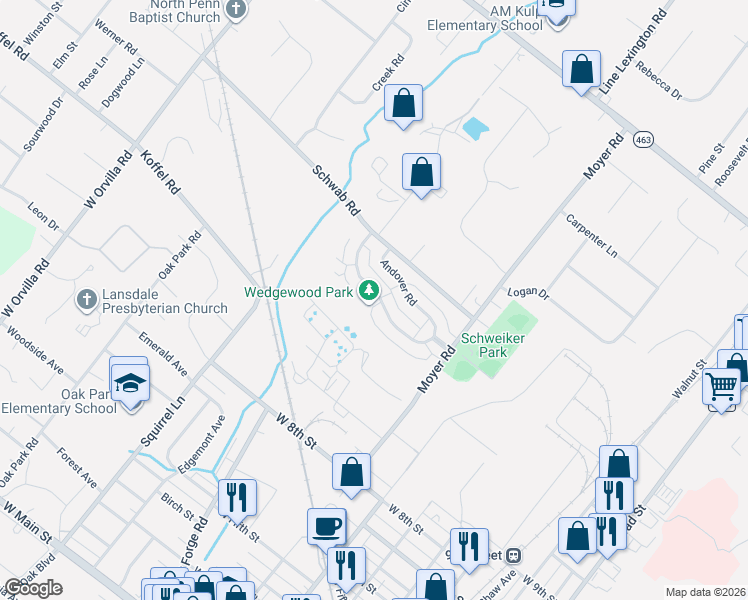 map of restaurants, bars, coffee shops, grocery stores, and more near 914 Wedgewood Dr in Lansdale