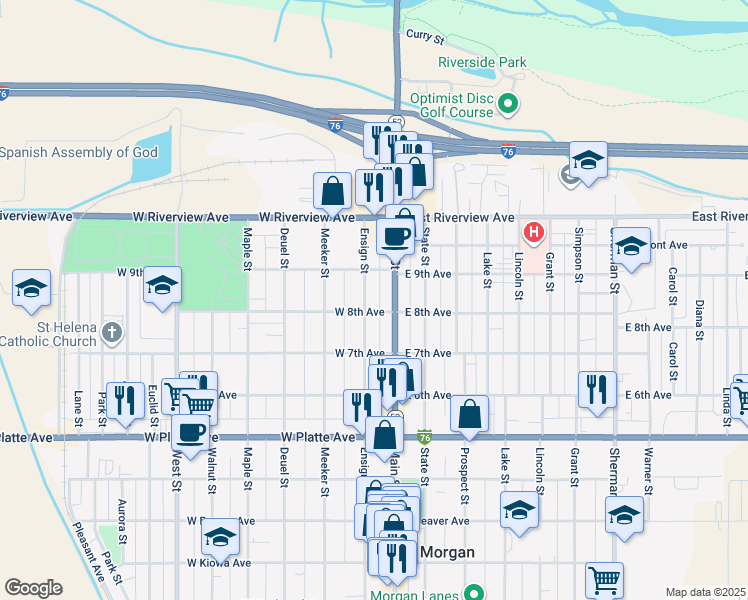 map of restaurants, bars, coffee shops, grocery stores, and more near 907 Ensign Street in Fort Morgan