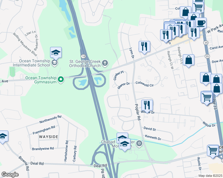 map of restaurants, bars, coffee shops, grocery stores, and more near 93 Gimbel Place in Monmouth County