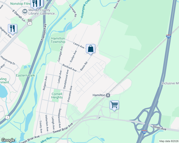 map of restaurants, bars, coffee shops, grocery stores, and more near 32 Adirondack Boulevard in Trenton