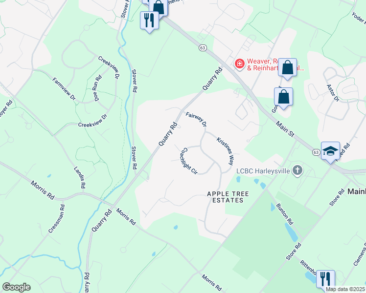 map of restaurants, bars, coffee shops, grocery stores, and more near 482 Coachlight Circle in Harleysville