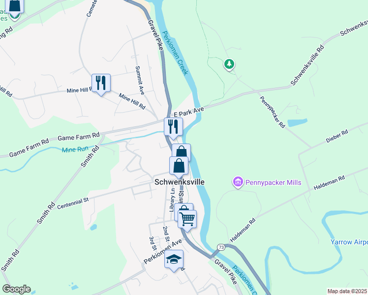map of restaurants, bars, coffee shops, grocery stores, and more near 1188 Gravel Pike in Schwenksville