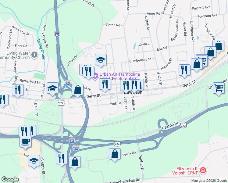 map of restaurants, bars, coffee shops, grocery stores, and more near 4600 Derry Street in Harrisburg