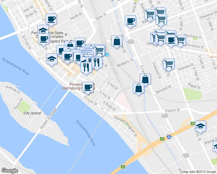 map of restaurants, bars, coffee shops, grocery stores, and more near 222 Mary Street in Harrisburg