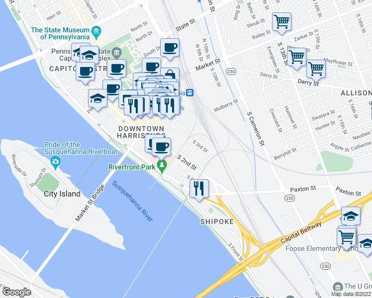 map of restaurants, bars, coffee shops, grocery stores, and more near 201 South Court Street in Harrisburg