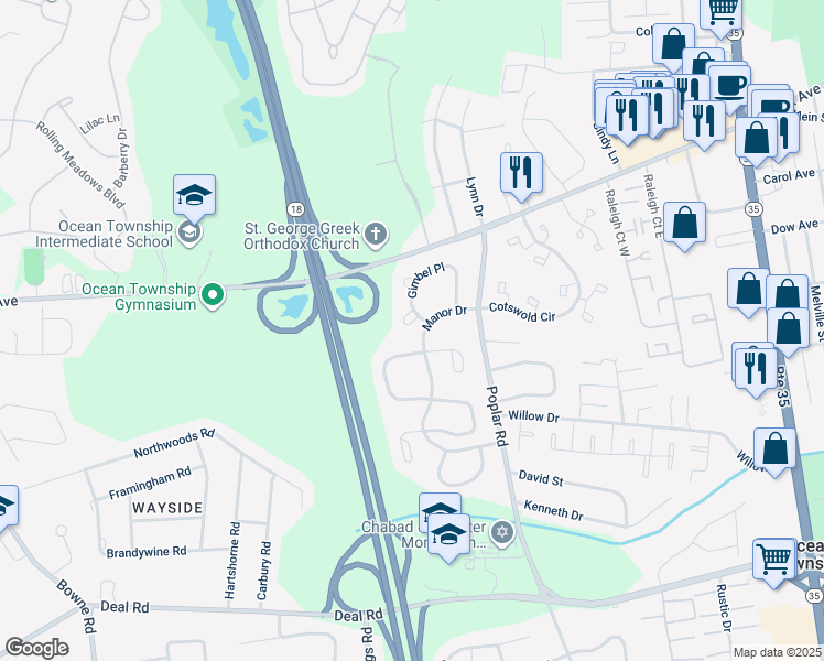 map of restaurants, bars, coffee shops, grocery stores, and more near 93 Gimbel Place in Monmouth County