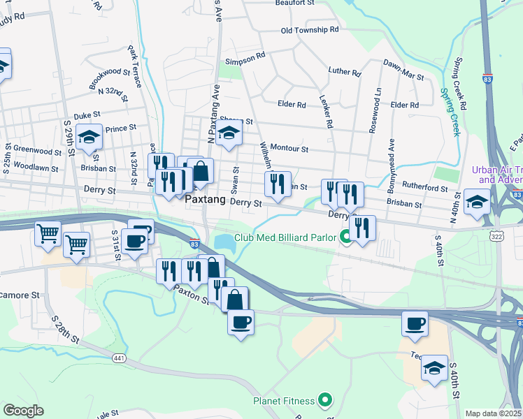 map of restaurants, bars, coffee shops, grocery stores, and more near 3647 Derry St in Harrisburg