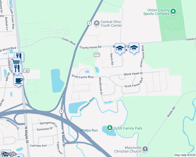 map of restaurants, bars, coffee shops, grocery stores, and more near 1497 Westbrook Drive in Marysville