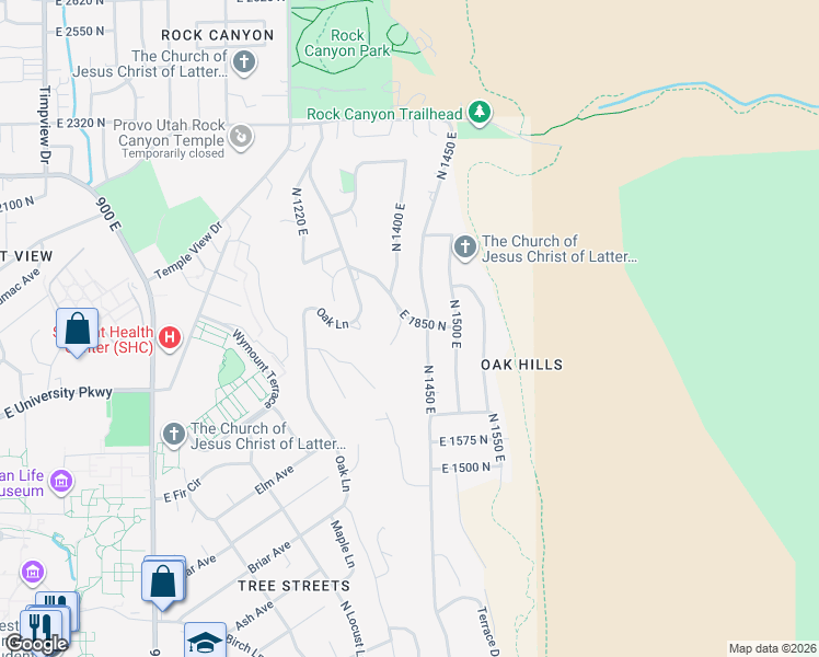 map of restaurants, bars, coffee shops, grocery stores, and more near 1430 East 1850 North in Provo