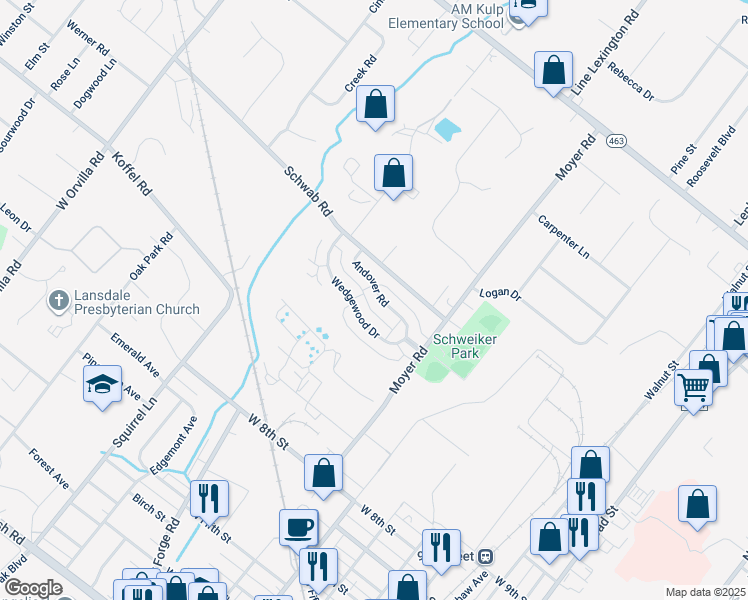 map of restaurants, bars, coffee shops, grocery stores, and more near 882 Andover Road in Lansdale