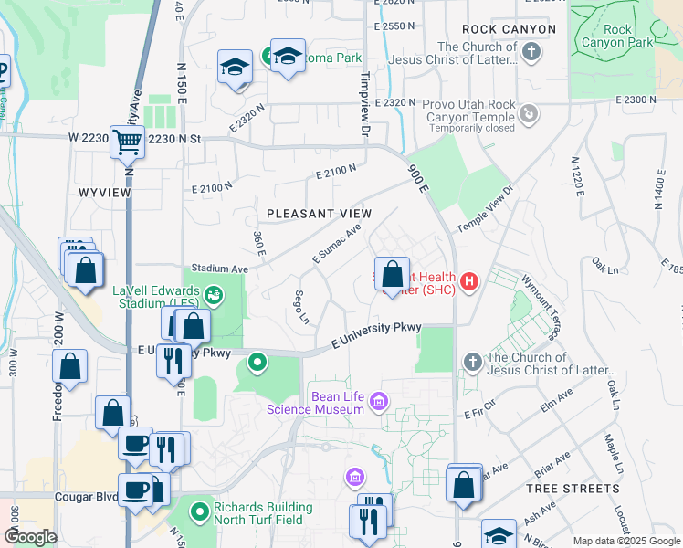 map of restaurants, bars, coffee shops, grocery stores, and more near 560 East Sagewood Avenue in Provo