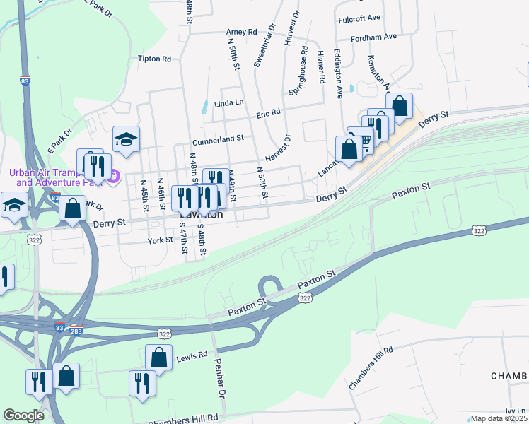 map of restaurants, bars, coffee shops, grocery stores, and more near 4925 Derry Street in Harrisburg