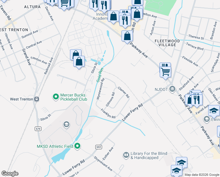 map of restaurants, bars, coffee shops, grocery stores, and more near 11 Plaza Court in Trenton