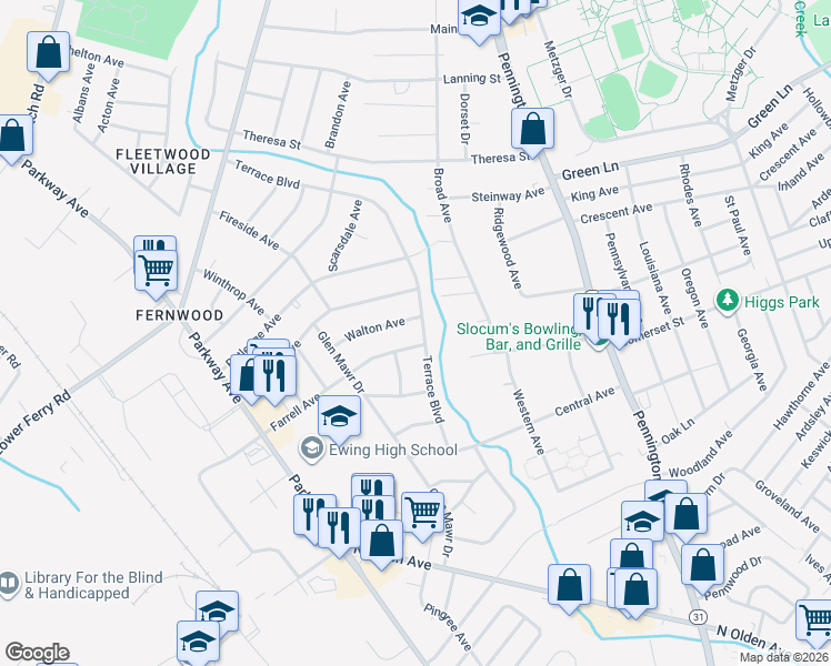 map of restaurants, bars, coffee shops, grocery stores, and more near 973 Terrace Boulevard in Ewing Township