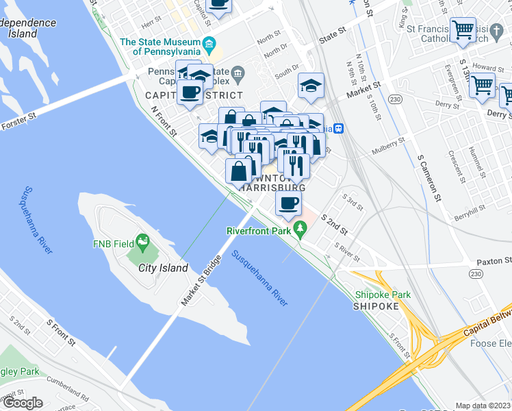map of restaurants, bars, coffee shops, grocery stores, and more near 0 Bicycle PA Route J in Harrisburg
