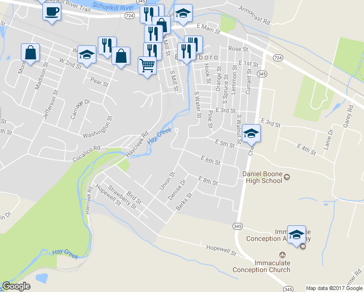 map of restaurants, bars, coffee shops, grocery stores, and more near 371 Drew Court in Birdsboro
