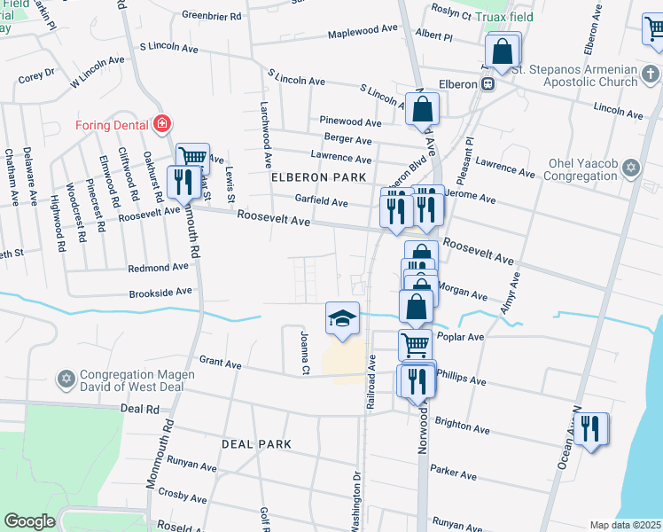 map of restaurants, bars, coffee shops, grocery stores, and more near 242 Overbrook Avenue in Ocean Township