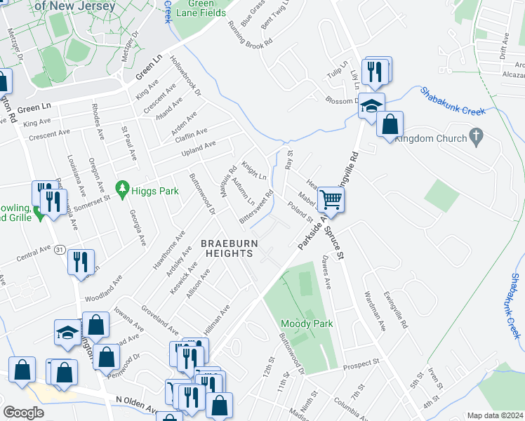 map of restaurants, bars, coffee shops, grocery stores, and more near 10 Bittersweet Road in Ewing Township