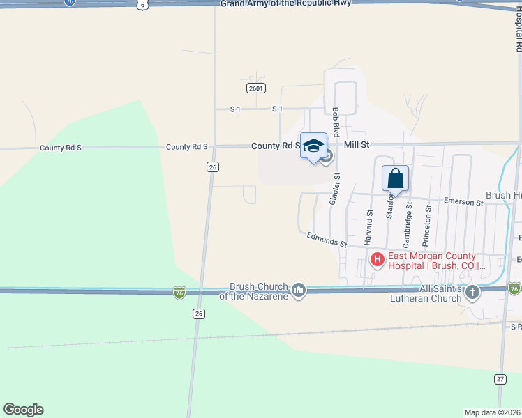 map of restaurants, bars, coffee shops, grocery stores, and more near Jennifer Circle in Brush