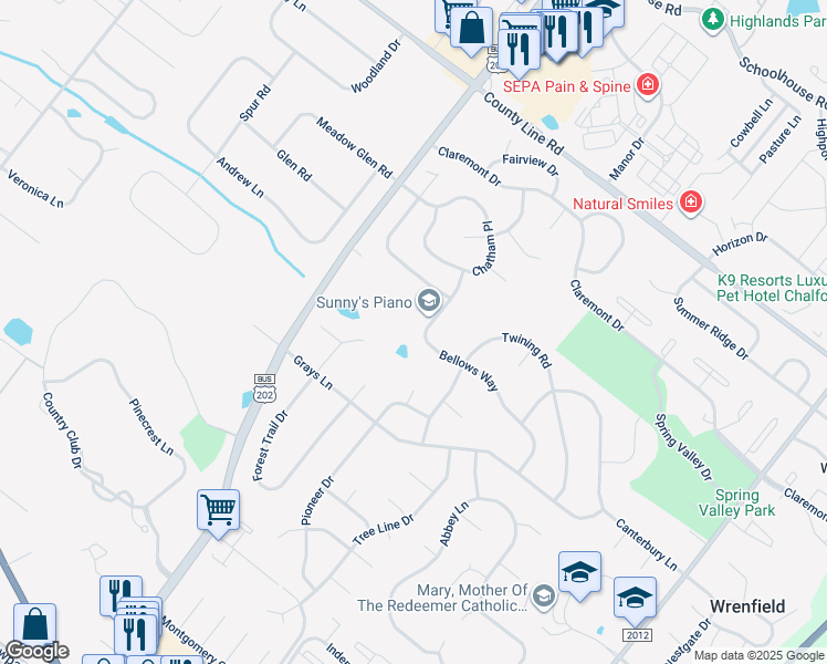 map of restaurants, bars, coffee shops, grocery stores, and more near 122 Bellows Way in Lansdale
