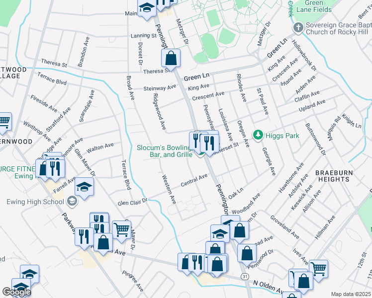 map of restaurants, bars, coffee shops, grocery stores, and more near 16 Brenwal Avenue in Ewing Township