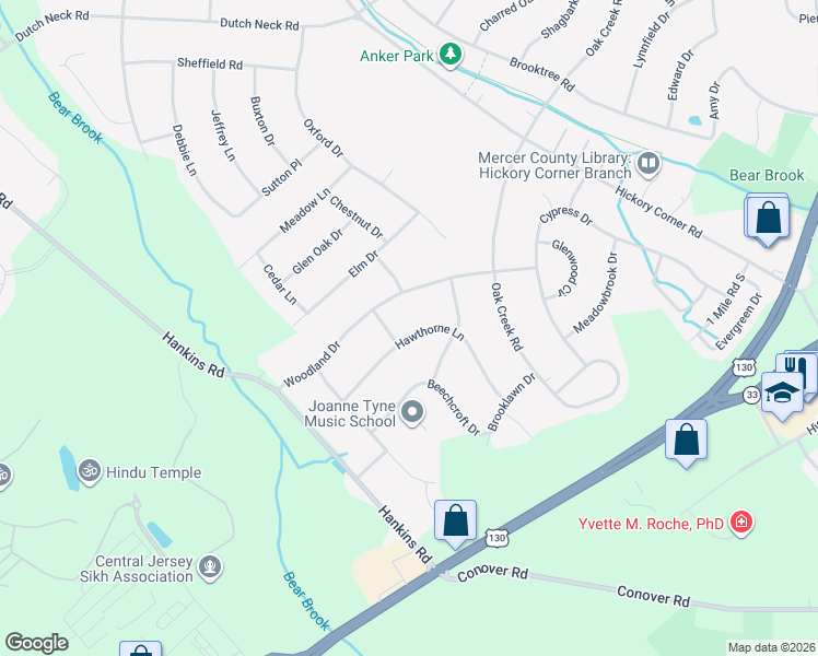 map of restaurants, bars, coffee shops, grocery stores, and more near 26 Hawthorne Lane in East Windsor