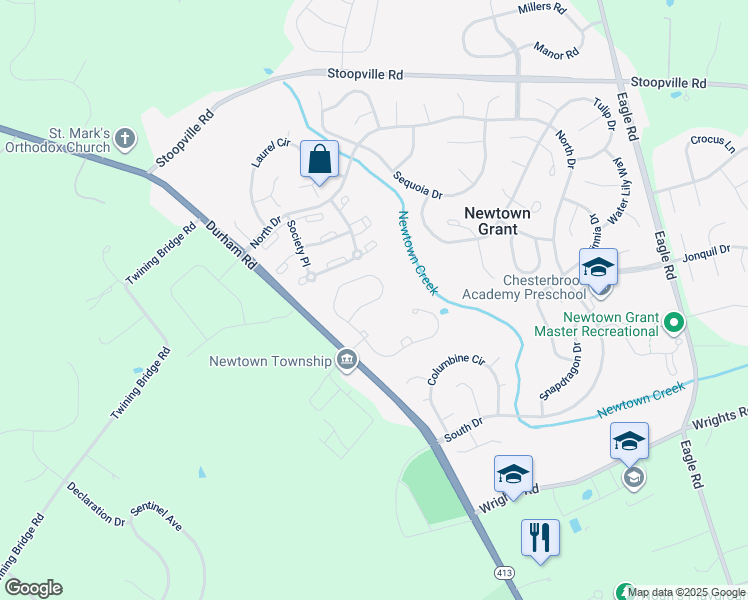 map of restaurants, bars, coffee shops, grocery stores, and more near 112 Rittenhouse Circle in Newtown